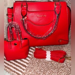 FOCUS BABY red faux leather satchel w/ matching mini bag & crossbody strap- NWT